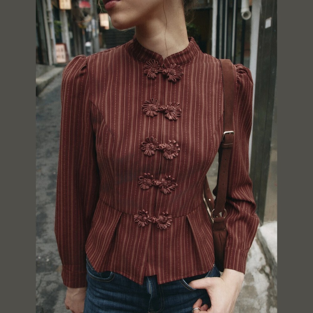 Rust Red / Brown Striped Frog Button Stand Collar Peplum Blouse